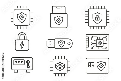 Quantum-Resistant Hardware Icons. Line style icons of cryptographic hardware: post-quantum secure chip, PQ-enabled HSM,