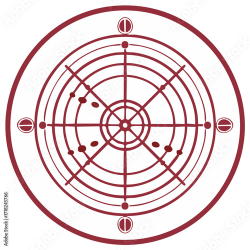 Futuristic red radar screen with target blips and a scope crosshair vector illustration