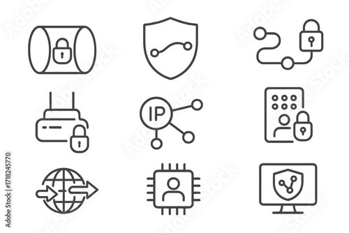 Quantum-Safe VPN Icons. Line style icons of quantum-safe VPN solutions: encrypted tunnel icon, shielded network line, secure