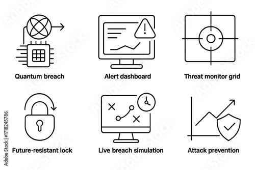Future Cryptography Icons. Line style icons of future threat response in cryptography: quantum breach icon, alert dashboard,