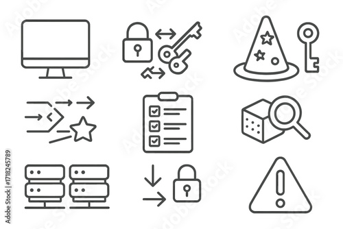 Post-Quantum Migration Icons. Line style icons of post-quantum migration tools: legacy system icon, crypto swap tool, key upgrade