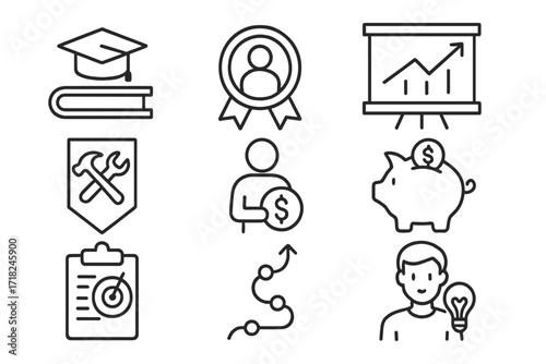 Youth Microfinance Icons. Line style icons of youth-focused microfinance: student loan icon, youth training badge, startup fund