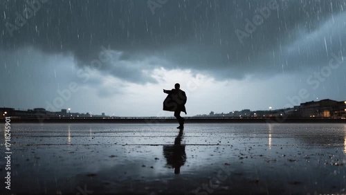 Man dancing joyfully in the rain under dark stormy sky  