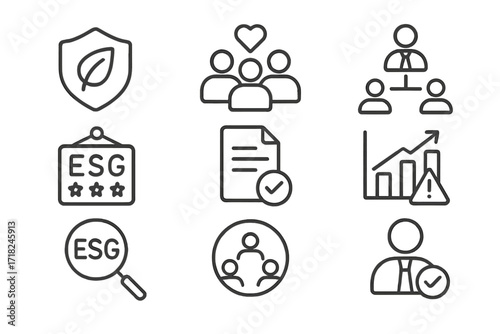ESG Icons Showcase. Line style icons of ESG investment categories: environmental factors badge, social criteria symbol, governance
