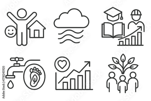 Investment Outcome Icons. Line style icons of investment outcomes: improved quality of life icon, clean air benefit, increased