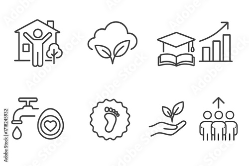 Investment Outcome Icons. Line style icons of investment outcomes: improved quality of life icon, clean air benefit, increased