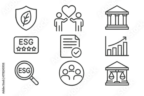 ESG Icons Showcase. Line style icons of ESG investment categories: environmental factors badge, social criteria symbol, governance