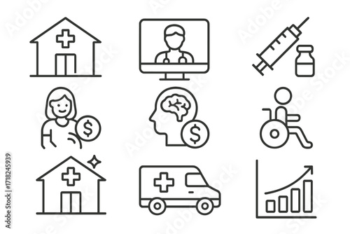Healthcare Impact Icons. Line style icons of impact investing in healthcare: primary health center icon, telemedicine project