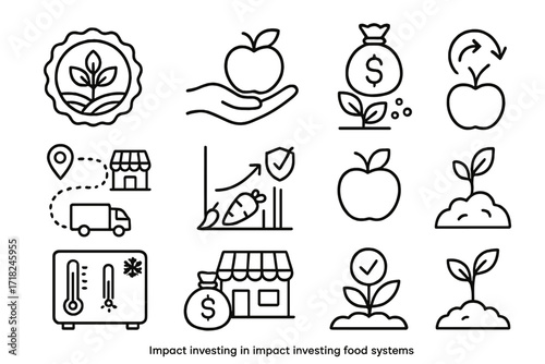 Impact Investing Icons. Line style icons of impact investing in food systems: sustainable farming badge, food access icon,