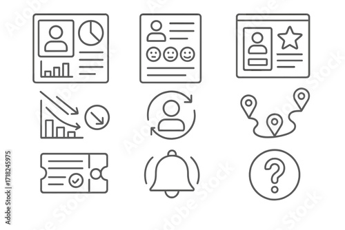 Customer Experience Icons. Line style icons of customer experience tools: personalized dashboard icon, subscriber feedback form,