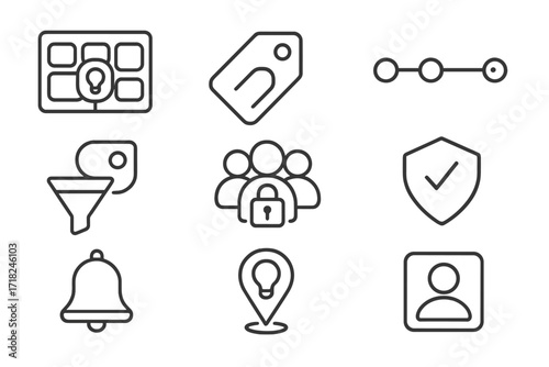 Crowdsourcing Platform Icons. Line style icons of platform features for crowdsourcing: idea board layout, tag system icon,