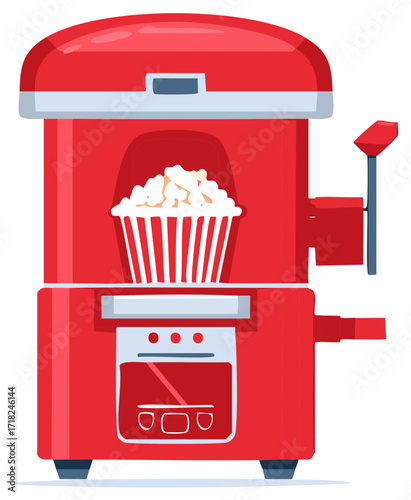 Classic Red Popcorn Machine with Striped Bucket of Freshly Popped Corn - Fun Snack Illustration