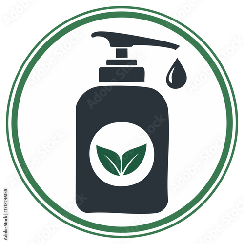 Hand sanitizer bottle dispensing liquid with green leaves symbol in double green circle illustration