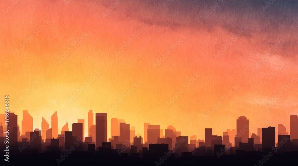 Fototapeta premium Vibrant sunset over a city skyline, casting colorful hues on the buildings and creating a serene atmosphere