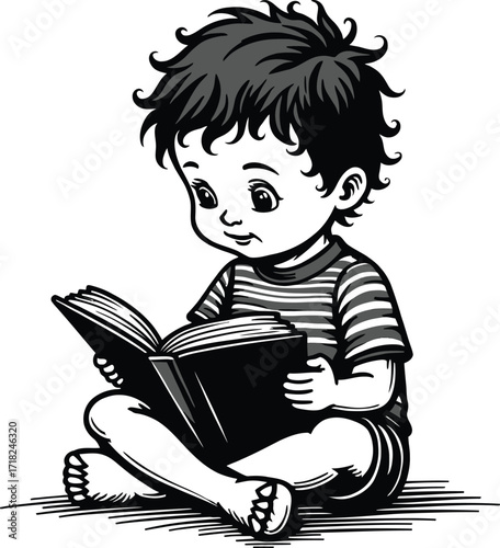 Young boy reading book sitting cross legged, children education drawing

