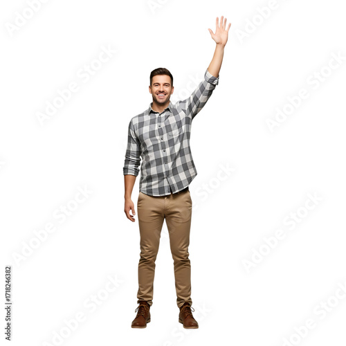 Smiling man waving hello in casual plaid shirt and khakis with raised hand isolated on transparent background