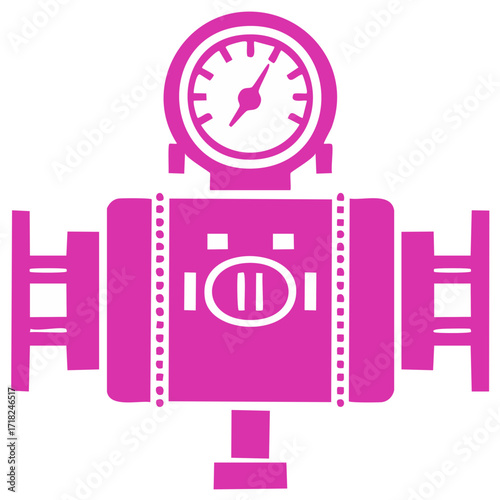 Stylized pink industrial pig robot with pressure gauge and pipes