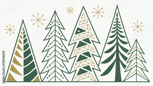 Whimsical mid century modern style christmas trees with geometric patterns and falling snowflakes