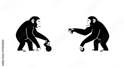 Two chimpanzees interacting with objects showing primate behavior and intelligence in a minimalist style
