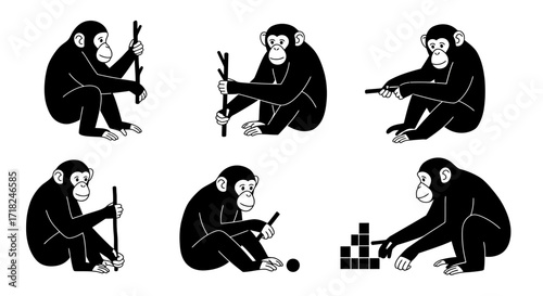 Chimpanzee behavior poses set adorable ape actions and activities collection artistic depictions