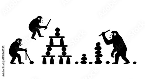 Primate evolution building blocks abstract concept silhouette art primitive construction development progression