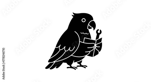 Whimsical black silhouette of a parrot reading a book with a feather quill pen