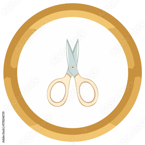 Golden Circle Icon Featuring a Pair of Beige and Blue Nail Scissors