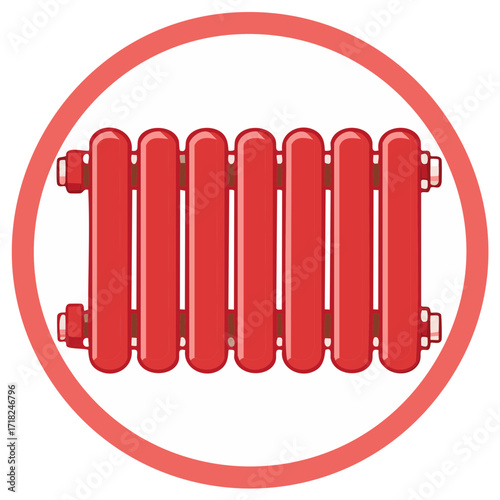 Red Victorian style radiator icon inside a red circle for heating or warm symbol illustration