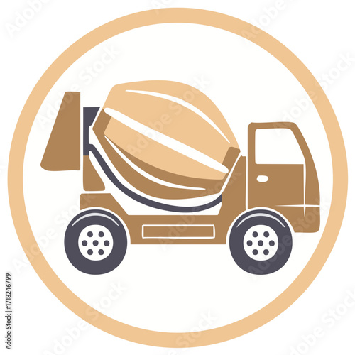 Illustration of a concrete mixer truck icon inside a beige circle.