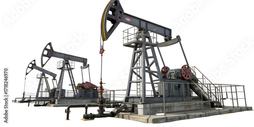 Three oil pump jacks Petroleum industry equipment Energy production 3D render Isolated on white background