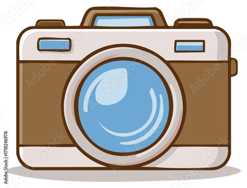 Charming vintage cartoon camera with prominent blue lens for photography illustration