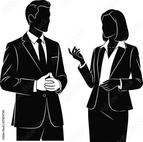Business communication silhouette of man and woman in formal attire discussing ideas professional conversation corporate teamwork illustration vector