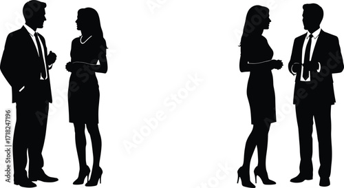 Business communication silhouettes of two professional pairs in formal attire engaged in conversation workplace interaction corporate teamwork vector illustration
