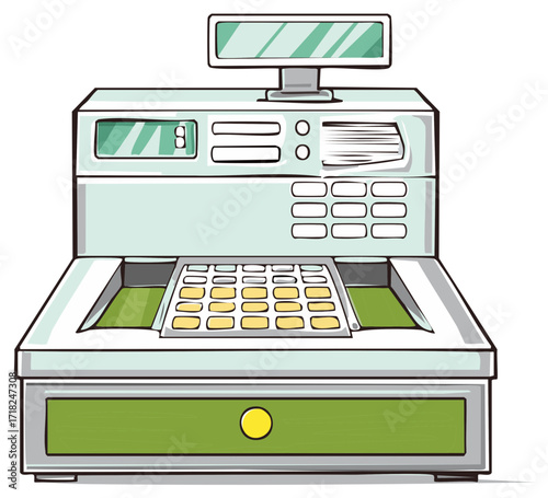 Hand drawn style cash register machine for store checkout payments and transactions