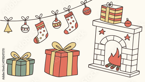 Cozy christmas scene with decorated fireplace stockings hanging on a garland and wrapped gifts ready for holiday celebration