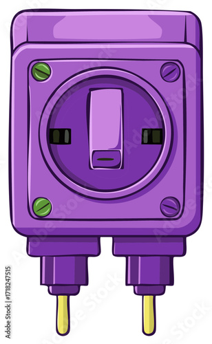 Purple electrical outlet with a toggle switch and two power prongs