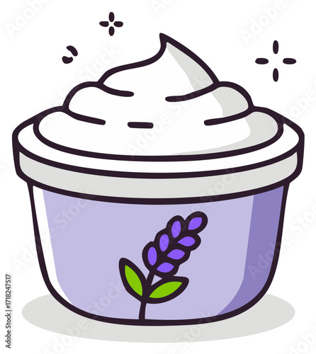 Lavender scented cream in a purple jar with plant illustration for skincare