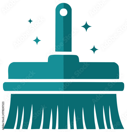 Stylized teal cleaning brush icon with sparkling effect representing tidiness and hygiene