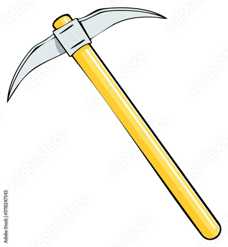 Single pickaxe with a bright yellow handle and pointed silver head