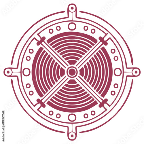 Detailed Circle Design with Radial Lines and Connecting Crossbars for Geometric or Industrial Use in Rich Red