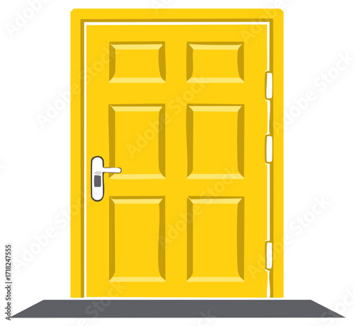 Bright Yellow Door, Six Panels, White Trim, Entryway Vector Illustration, Graphic Architecture