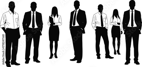 Business team silhouettes, corporate professionals, male and female executives, teamwork concept, leadership, diversity, career success, office attire, standing group illustration
