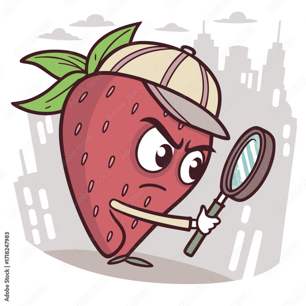 Fototapeta premium Cartoon strawberry detective with magnifying glass in city