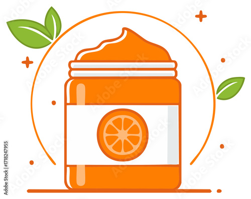 Orange jam in a jar with orange fruit label and leaves, round frame, food preserves illustration