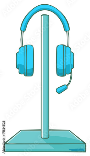 Turquoise headset with microphone resting on a stand perfect for gaming streaming or conference calls equipment illustration
