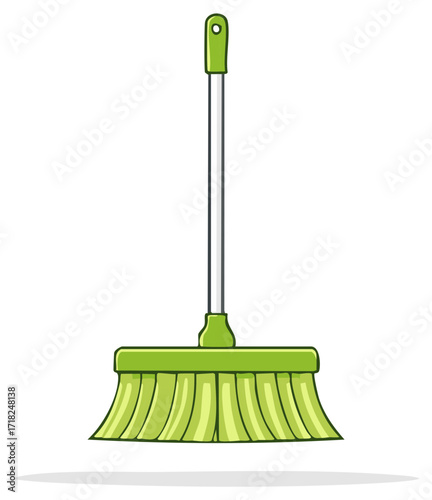 Cartoon Broom with Green Bristles and Handle for Sweeping Floors and Cleaning Home, Equipment