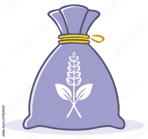 Illustration of a purple sack tied with yellow cord and a white wheat sprig emblem