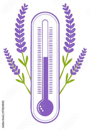 Illustration of a glass thermometer showing a moderate temperature surrounded by lavender branches with green leaves