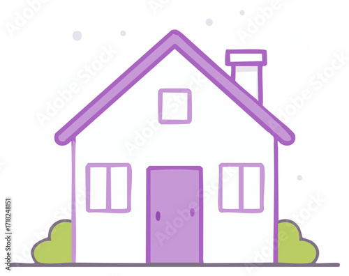 Cute House Illustration with Purple Trim and Green Bushes Simple Home Design Concept