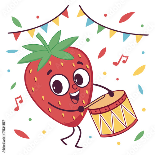 A cheerful strawberry character plays the drum at a festive celebration